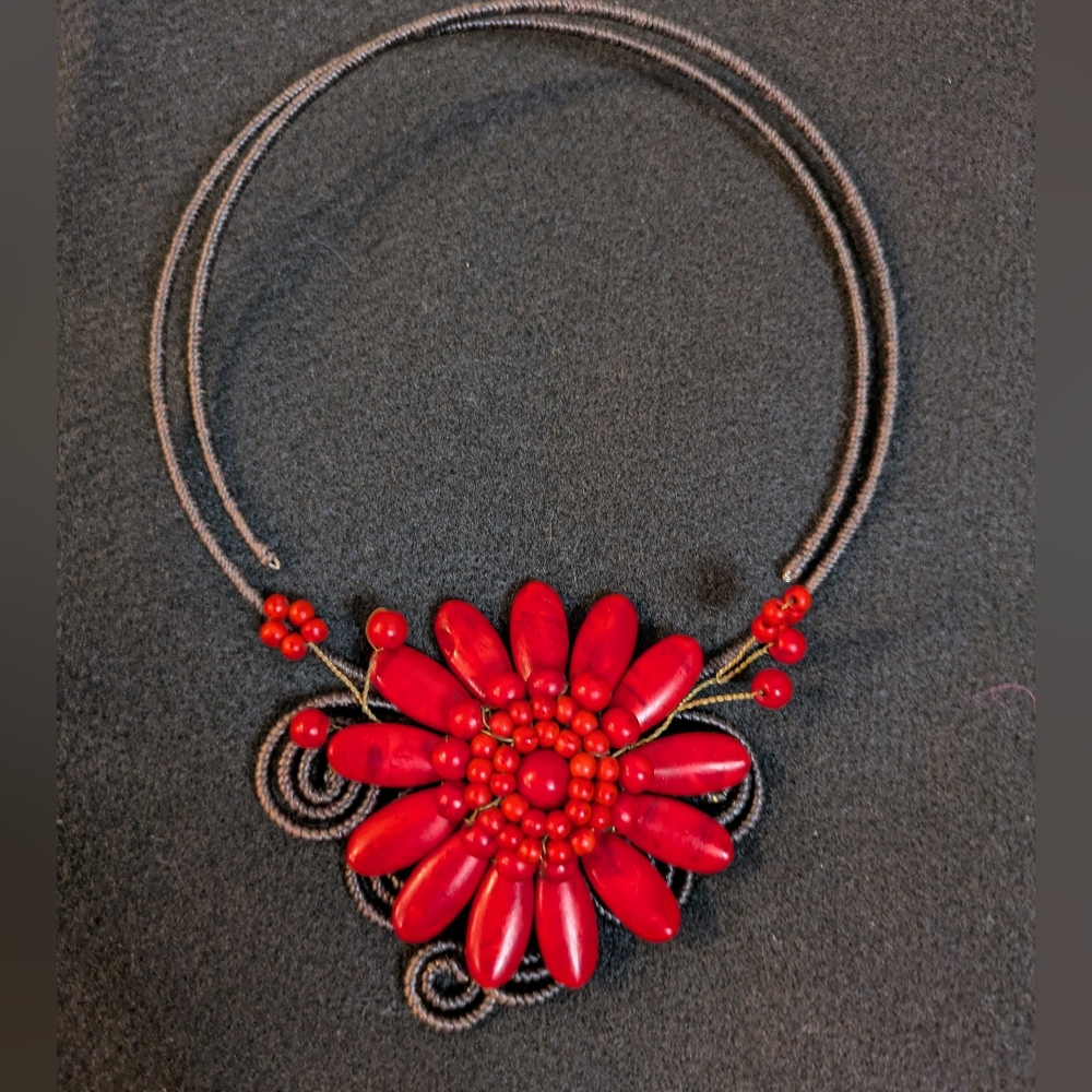 Red Coral Color Flower Choker Hobo Wire Spiral Handmade Necklace